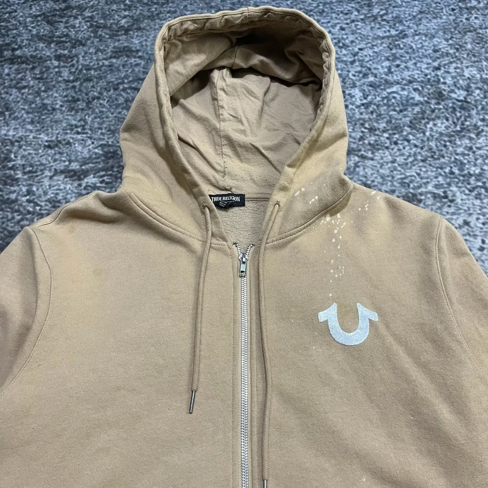 True Religion Zip Up Hoodie‎ Mens XL Beige Logo Graphic Y2K